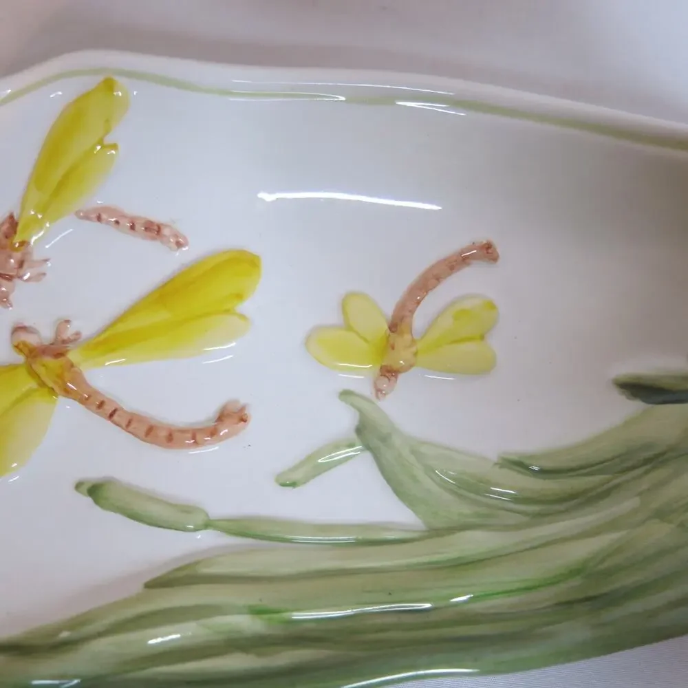 Vintage Carraro Italy Celery Trinket Serving Dish Dragonfly Yellow Green Kitchen